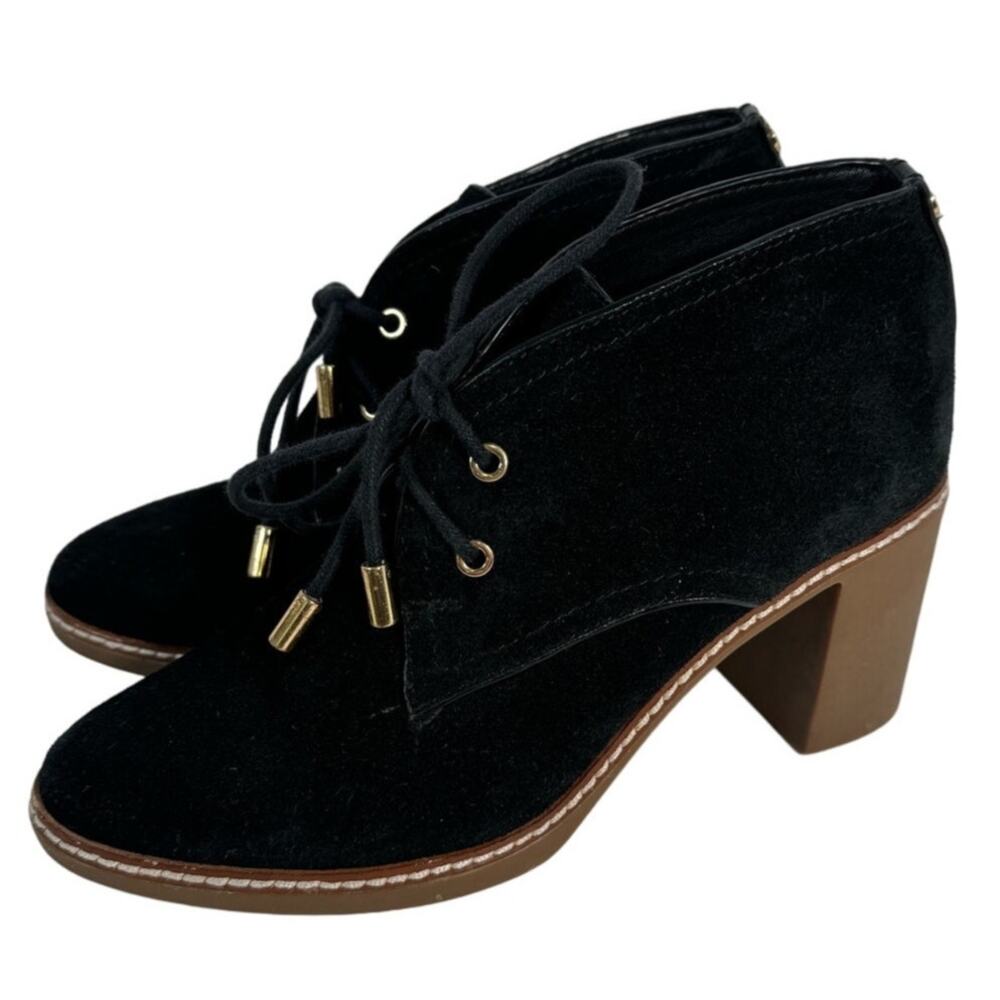 Tory Burch Hilary Black Suede Booties Sheep Fur Lining Lace Up Block Heel Logo 6